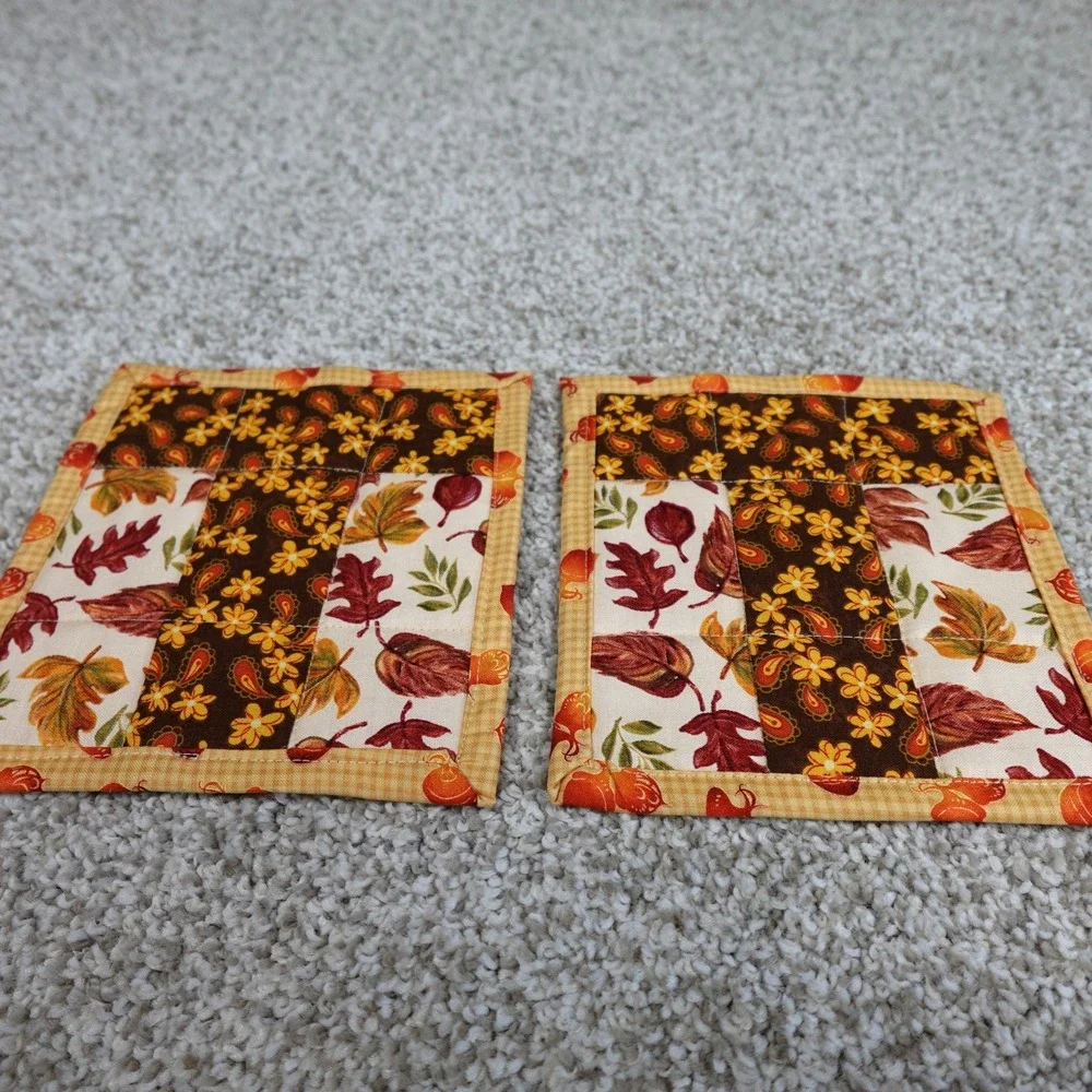 Handmade Quilted Fall Mug Rugs Set of 2 Autumn Leaves Acorn Cotton Coasters